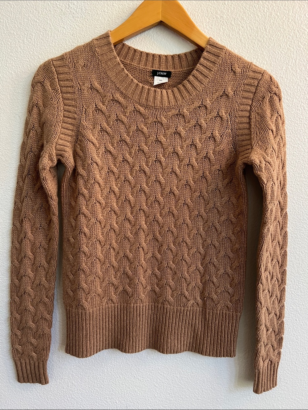 J. CREW Honeycomb Cable-Knit Crew Sweater Wool/Angora Blend Camel Tan Women XXS